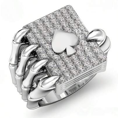 Herren Punk Rock Stil Schädel, Klaue, Poker Karten Muster Ringe, platinbeschichtet mit kubischem Zirkonia