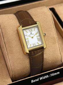 Pablo Raez 1pc 18K Gold Ladies Classic Wristwatch Rectangle Golden Plated Non Tarnish Color Vintage Women Watch Stainless Steel Square Top Brand New Design Dress Quartz Clock Elegant Retro Lady Watch Fashionable White Face With Real Bar &Roman Numeral Scales High Quality AAA Girls Students Popular Wristwatch Comfortable Brown - 均碼 - 查看 3