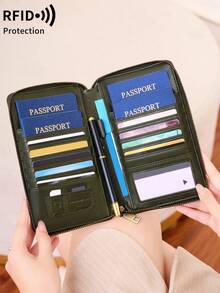 MIYIN 1 pieza Cartera de pasaporte con bloqueo RFID con patrón de avión creativo y bolsa con cremallera, apta para tarjetas de crédito/identificación/dinero en efectivo/pasaportes/vuelos/tarjetas bancarias, cartera de pasaporte multifuncional con cremallera para viajes, adecuada para hombres y mujeres, esencial para viajes, bolsa de viaje ligera, bolsa de equipaje, bolsa de lona, bolsa de noche, organizador de viaje de gran capacidad y durable, esencial para cruceros, vacaciones y viajes para hombres y mujeres - Verde Oscuro - Ver 4