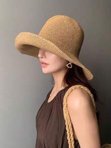 Sombrero de paja clásico, sombrero de sol de playa para mujer de primavera/verano, sombrero de cubo versátil, protección UV - Caqui - Ver 4