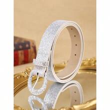 1 Peça Cinto de Cintura com Lantejoulas para Mulheres, Cinto de Cintura Brilhante Adequado para Vestidos, Denim, Disponível nas Cores Prata, Preto, Marrom, Roxo, Glitter Cinza, Fivela Metálica, Cinto de Estilo Boêmio da Moda para Uso Diário - Prata - Visão 3