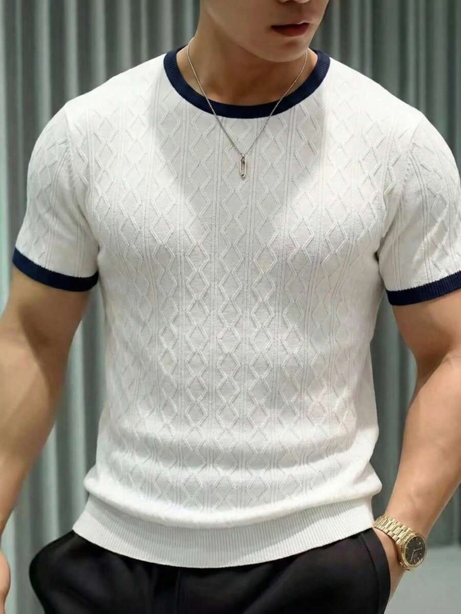 Camiseta de cuello redondo de manga corta con textura y ribete de contraste, top casual para hombres - Blanco - Ver 1