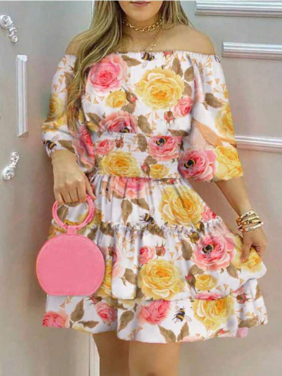 Everyday, Fashion, Minimal, Inimal, Neutral, Regular, Classic. Fall Winter. Date, Daily. Short Sleeve Dress, Boho Chic Floral - 彩色 - 查看 1