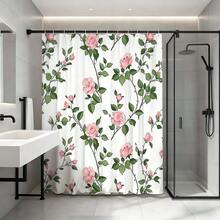 Pink Rose Vine Print Waterproof Mildew-Proof No-Drill Shower Curtain, Cozy & Romantic For Women's Bedroom And Bathroom - Pink and White - View 10