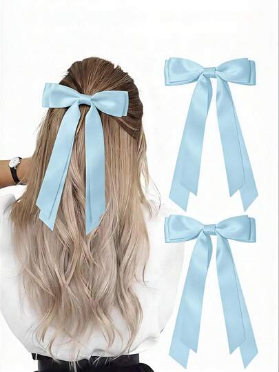 2 Pcs Hair Bows Clips For Women, Blue Bow Hair Clips For Women Ribbons Bow Barrettes Satin Hair Bows Long Tail Clips On Bows Party Hair Accessories Campus, Back-To-School Season