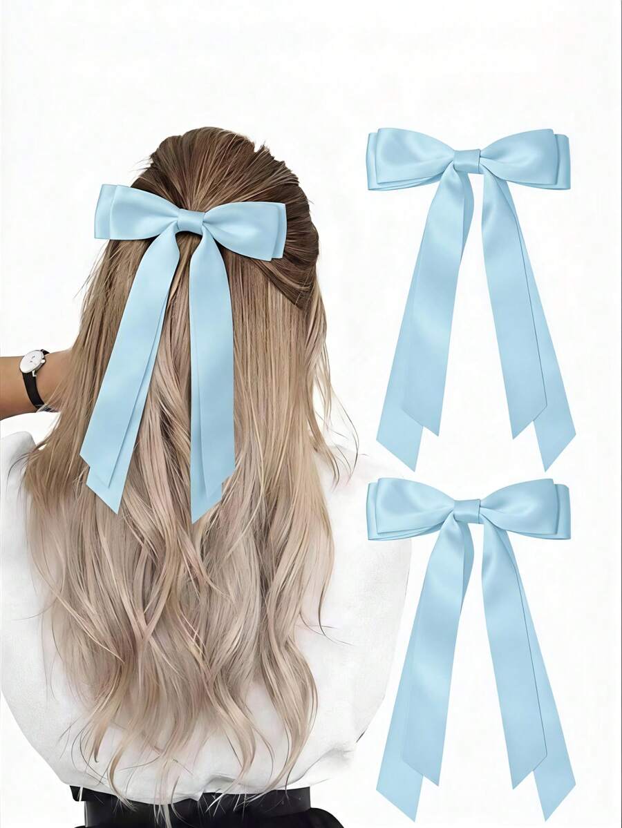2 Pcs Hair Bows Clips For Women, Blue Bow Hair Clips For Women Ribbons Bow Barrettes Satin Hair Bows Long Tail Clips On Bows Party Hair Accessories Campus, Back-To-School Season, Head Accessories, Claw Clips, Hair Slide, Hairpin - Baby Blue - View 1