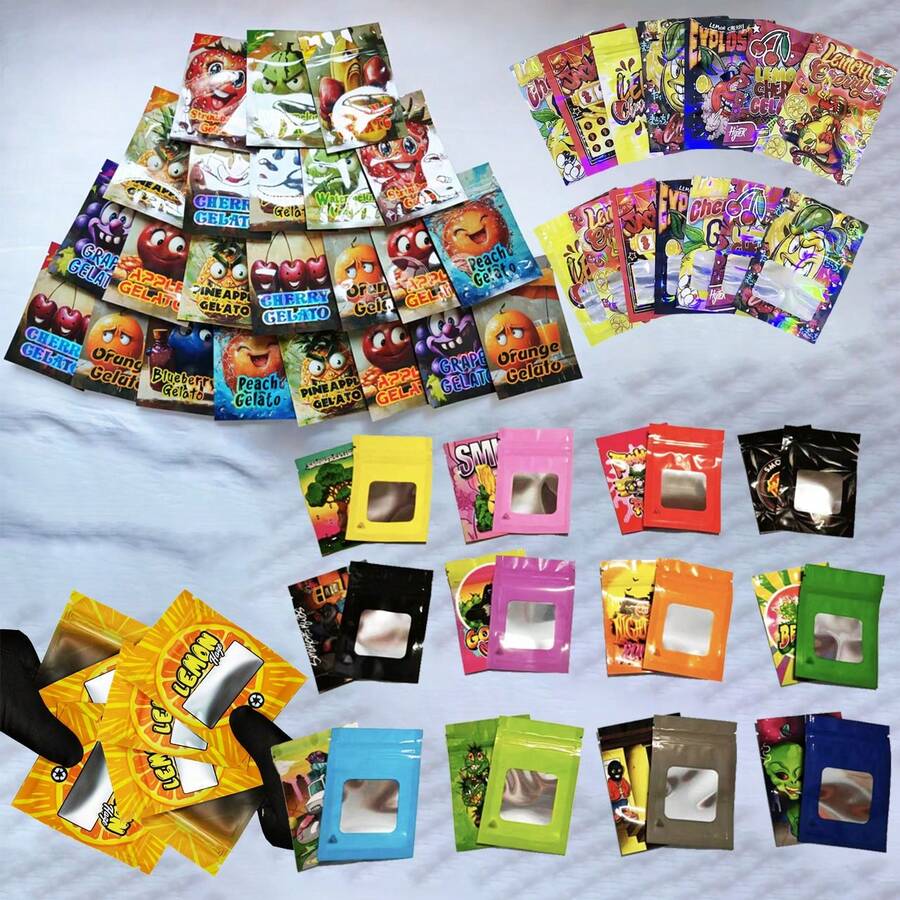 100 Pieces Holographic Laser Mylar Bags,Reusable 2.75*3.93 Inch Smell Proof 1g Storage Bags,Fruit Design Pouch,Mini Flat Zip Lock Pouch Waterproof Packaging Small Mylar Bag,Self Sealing Resealable Zipper Bags - Multicolor - View 1