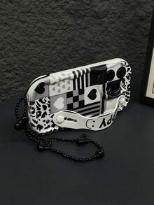 1pc Fashion Wristband With Black & White Heart Patchwork Plaid Heart Print, Thick High-Impact Phone Protective Case With Matching Wristband, Kickstand Function, Includes 1 Black Heart Chain, Suitable For Self-Use Or Couples/Valentine's Day Gift, Compatible With Apple & Series - Multicolor - View 3