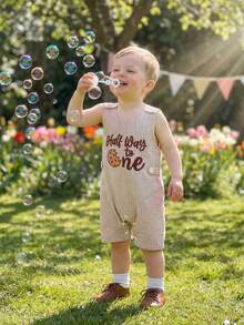 Mono de Verano para Bebé Niño sin Mangas con Cuello Redondo y Bordado de Letras de Galleta, Pelele para Recién Nacido - Café integral - Ver 3