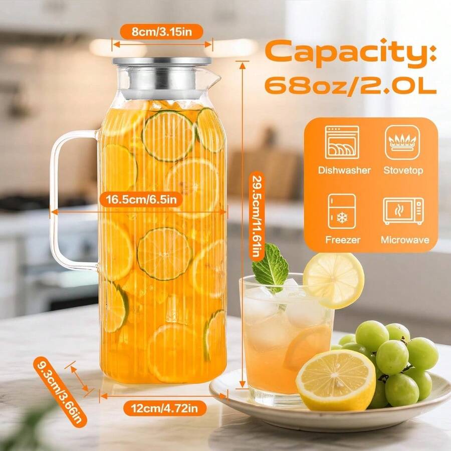Glass Pitcher, 68oz Water Pitcher With Lid And Precise Scale Line, 18/8 Stainless Steel Iced Tea Carafe, Easy Clean Heat Resistant Borosilicate Jug For Juice, Milk, Cold Or Hot Beverages - 68oz-Sọc-2 cái - Xem 1