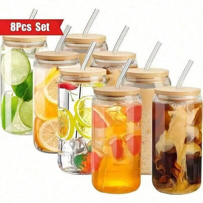 Juego de 500ml Vasos de Vidrio, Vasos de Vidrio de 16oz/500ml con Tapas y Pajitas, Vasos de Cristal tipo Mason, Taza de Café con Hielo, Vasos de Vidrio con Tapas de Bambú, Tazas Lindas, Cerveza, Pajitas Reutilizables y Limpiador de Pajitas para Restaurante/Hotel/Comercial