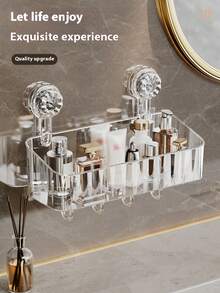 No Drill Suction Cup Bathroom Shelf, Wall Mounted Organizer Rack With Hooks For Toiletries - Multicolor - View 8