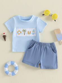 Conjunto de verano para bebé niño pequeño: camiseta de manga corta con bordado de palmera y pantalones cortos 2 piezas. - Azul - Ver 6