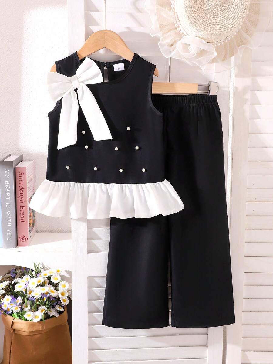 2pcs/Set Young Girl Pearl Bow Sleeveless Ruffle Hem Tank Top And Elastic Waist Casual Pants Set, Summer - Black - View 1