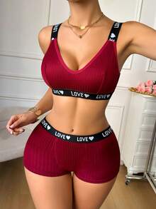 1 Set European & American Sexy V-Neck Ribbed Backless Bra And Panty Set For Women - Burgundy - View 5