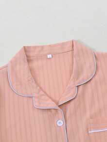 Striped Jacquard Women Short Sleeve Pajama Set - Pink - View 2