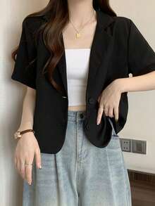 韩版时尚女式西装外套，新款夏季休闲短袖西装上衣，黑色 - 黑色 - 查看 3