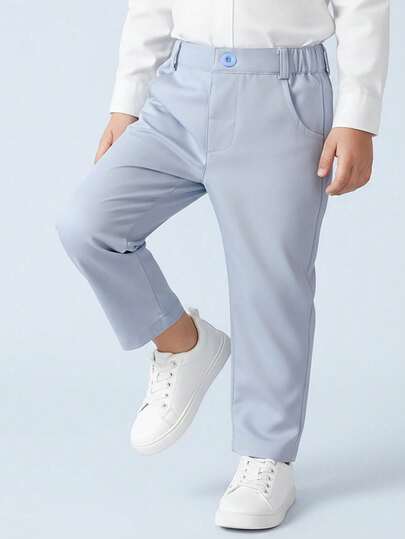 BOARNSEORL Young Boys' Black Elastic Waist Solid Color Casual Comfortable Pants, Versatile For Spring/Autumn Daily Wear