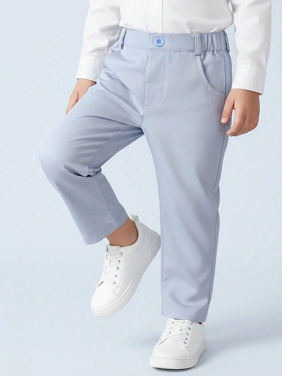 BOARNSEORL Young Boys' Black Elastic Waist Solid Color Casual Comfortable Pants, Versatile For Spring/Autumn Daily Wear - Baby Blue - View 1