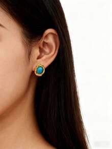 1对/4对创意时尚个性化不锈钢绿松石耳环套装，女士奢华复古高端几何不锈钢18K镀金耳环，适合女士日常及节日佩戴 - 金色 - 查看 13