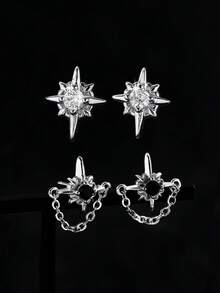 1 Pair Starburst, North Star Stud Earrings, Minimalist Chain Earrings, Unisex Edgy Punk Earrings, Versatile Accessory For Stylish Outfit - Silver - View 1