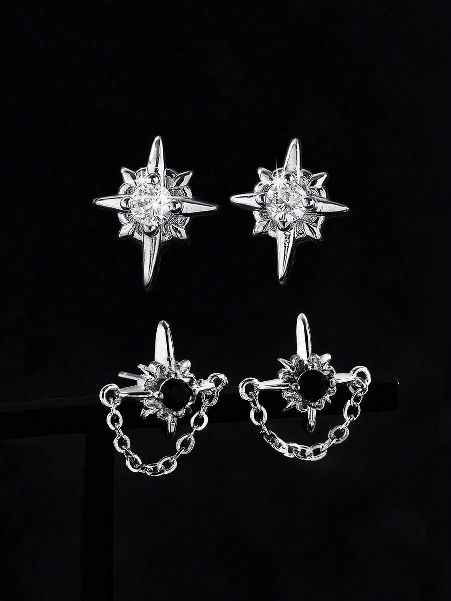 1 Pair Starburst, North Star Stud Earrings, Minimalist Chain Earrings, Unisex Edgy Punk Earrings, Versatile Accessory For Stylish Outfit - Silver - View 1