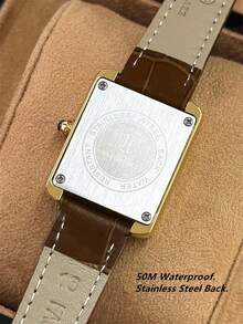 Pablo Raez 1pc 18K Gold Ladies Classic Wristwatch Rectangle Golden Plated Non Tarnish Color Vintage Women Watch Stainless Steel Square Top Brand New Design Dress Quartz Clock Elegant Retro Lady Watch Fashionable White Face With Real Bar &Roman Numeral Scales High Quality AAA Girls Students Popular Wristwatch Comfortable Brown - 均碼 - 查看 10