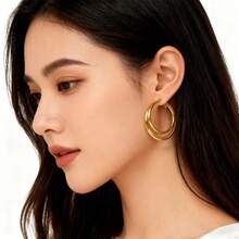 时尚夸张大号耳环，简约百搭欧美INS风钛钢圆环耳环，不锈钢耳环 - 金色 - 查看 7