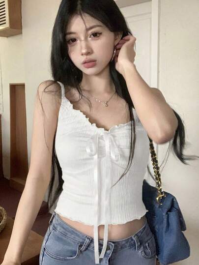 杏色纯色荷叶边V领褶裥修身吊带背心，休闲夏季无袖上衣