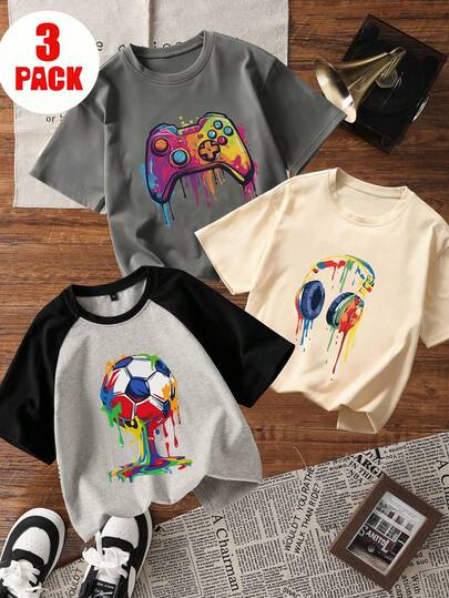 Tween Boys' Graphic Print Short Sleeve T-Shirt, Student Youth Casual Summer Top