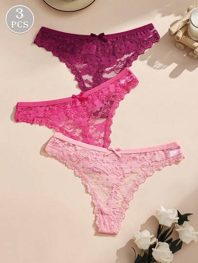 3pcs/Pack Cute Bow Lace Patchwork Women's Thong Panties, Stretchy & Comfortable Lingerie