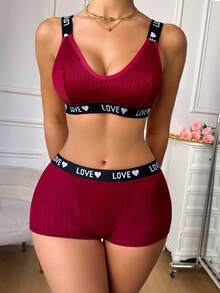 1 Set European & American Sexy V-Neck Ribbed Backless Bra And Panty Set For Women - Burgundy - View 6