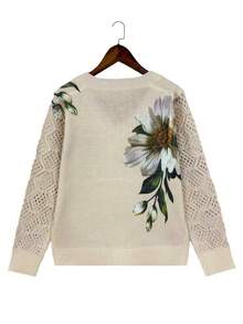 Suéter de manga larga de uso diario versátil y casual con cuello en V, estampado floral y calado para mujer talla grande, ideal para vacaciones de primavera - Caqui - Ver 5