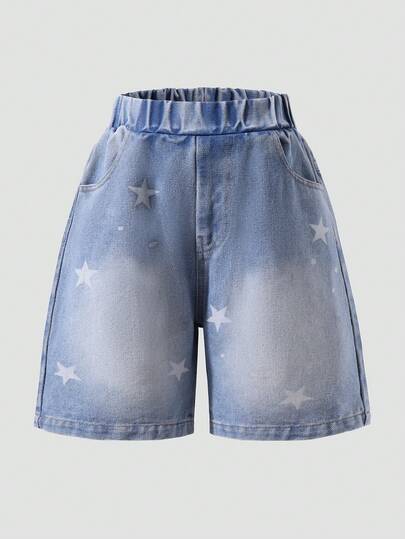 Quần short Bermuda denim in hình ngôi sao dành cho bé gái tuổi teen, thích hợp mặc cả bốn mùa.