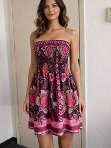 Short Strapless Printed Dress With Elastic For Summer And Festivals, 2026 . - 印度玫瑰 - 查看 3