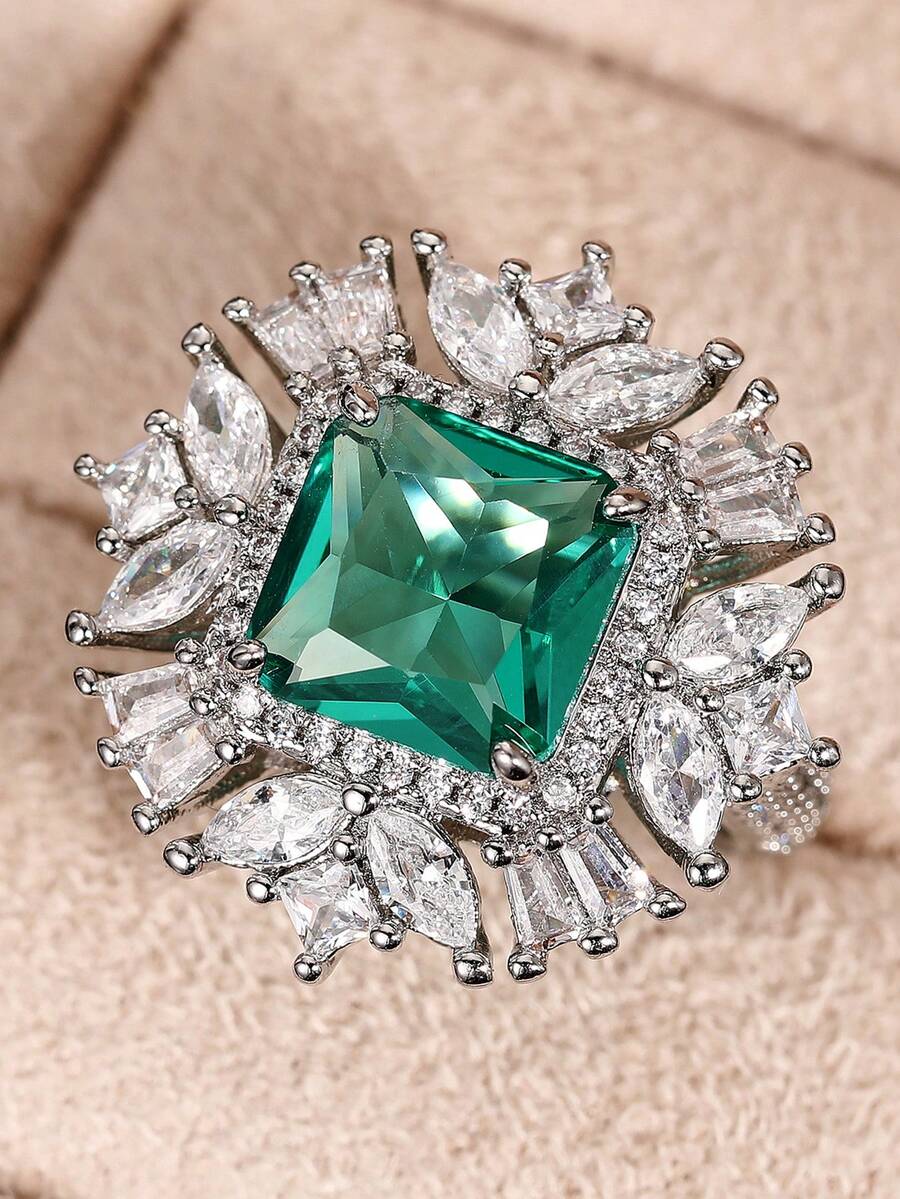 1 pieza Anillo cuadrado de circonita cúbica de moda para mujer, adecuado para boda, compromiso, fiesta, regalo del Día de San Valentín - 1# - Ver 1