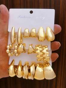 3-9 Pairs Luxury Round Water Drop Thick Gold Hoop Earrings For Women, Low Allergy Thick Gold Hoop Earrings - Gold - View 5