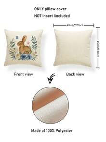 2Pcs Faux Linen Beige Pillow Covers Watercolor Rabbit Blue Roses Print Pillowcases Breathable Botanical Decor Pillow Cases(No Filling) - Beige - View 2