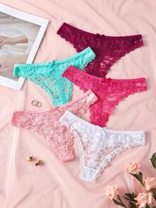 Paquete de 5 tangas de mujer con parches de encaje y moño en unicolor, ropa interior femenina suave y cómoda - Multicolor - Ver 4