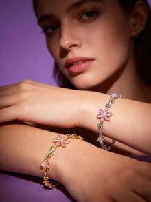 1 pieza Pulsera elegante con flores y circonita cúbica, accesorio de joyería de moda para mujer, ideal para uso diario y regalo del Día de San Valentín - Oro B - Ver 4