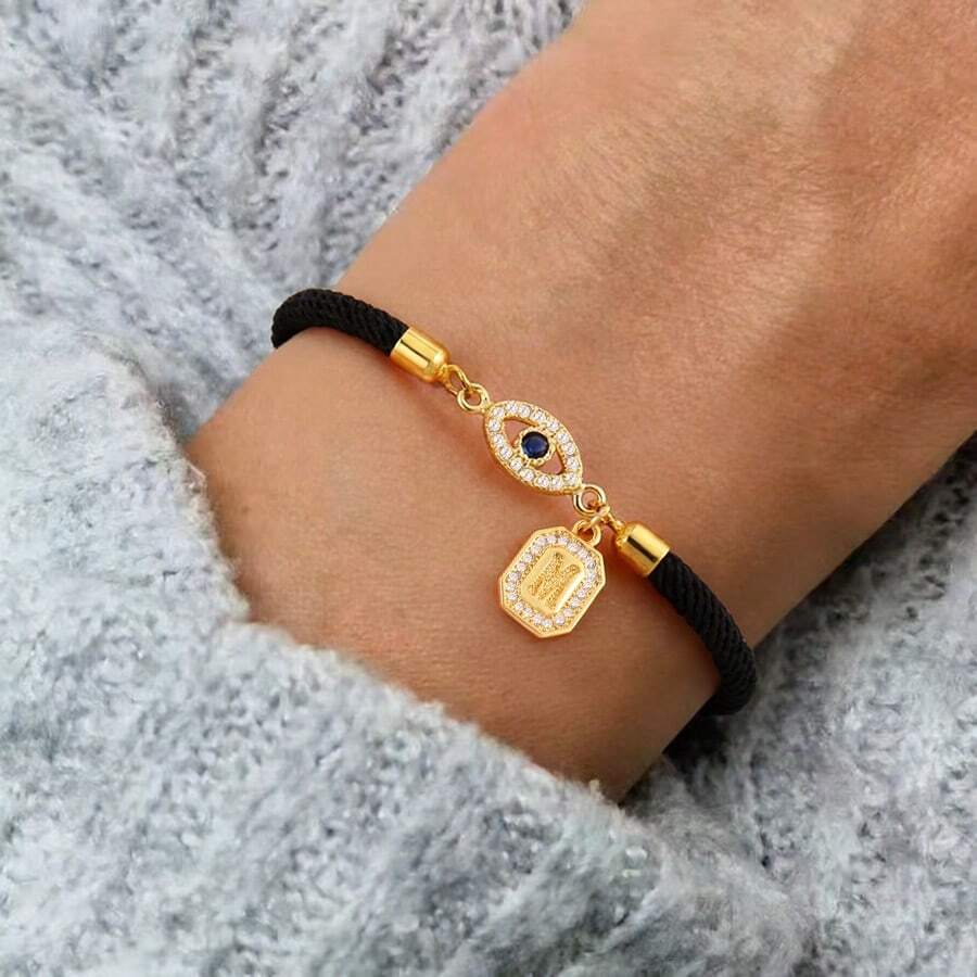 1pc New Fashion Adjustable Cord Letter & Eye Shaped Bracelet For Women - Black - View 1