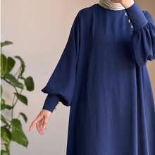 女士优雅阿拉伯风格纯色休闲端庄优雅宽松圆领灯笼袖宽松裤装春季套装 - 藏蓝色 - 查看 2