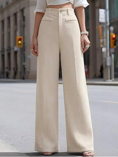 Women's Autumn Solid-Color Front-Button Casual Wide-Leg Pants, Spring & Autumn Style Long Trousers For Women