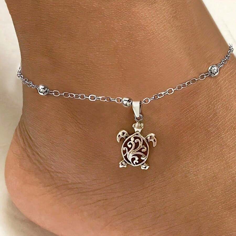 A Stylish Alloy Turtle Bead Chain Ankle Bracelet For Women, Perfect For The Beach - 銀色 - 查看 1