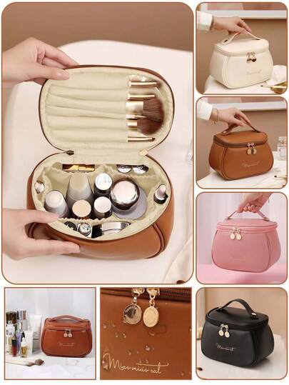 Portable Travel Makeup Bag, PU Leather Waterproof Makeup Bag, Multi-Functional Travel Storage Bag, Transparent PVC Makeup Storage Bag, Large Capacity Waterproof Travel Makeup Bag, Cosmetic Storage Bag, With Removable Compartments