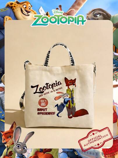 Disney 1 Pc Zootopia-Printed Canvas Tote Bag, Teen's Versatile Cartoon Adjustable Shoulder Strap Handheld Shoulder Bag,High-Capacity Handbag, – Perfect For Girl/Boy/Students/Undergraduate,For Outings/Daily/Shopping