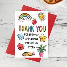 Happy Thank You Teacher Card With Envelope -Vibrant Cartoon Design Featuring Rainbow, Apple And Smiling Face, Daycare OrcareYear-End Gift - Multicolor - View 4
