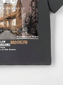 Young Boy Casual Slogan & Architecture Print Round Neck Short Sleeve T-Shirt, Summer - Grey - View 4