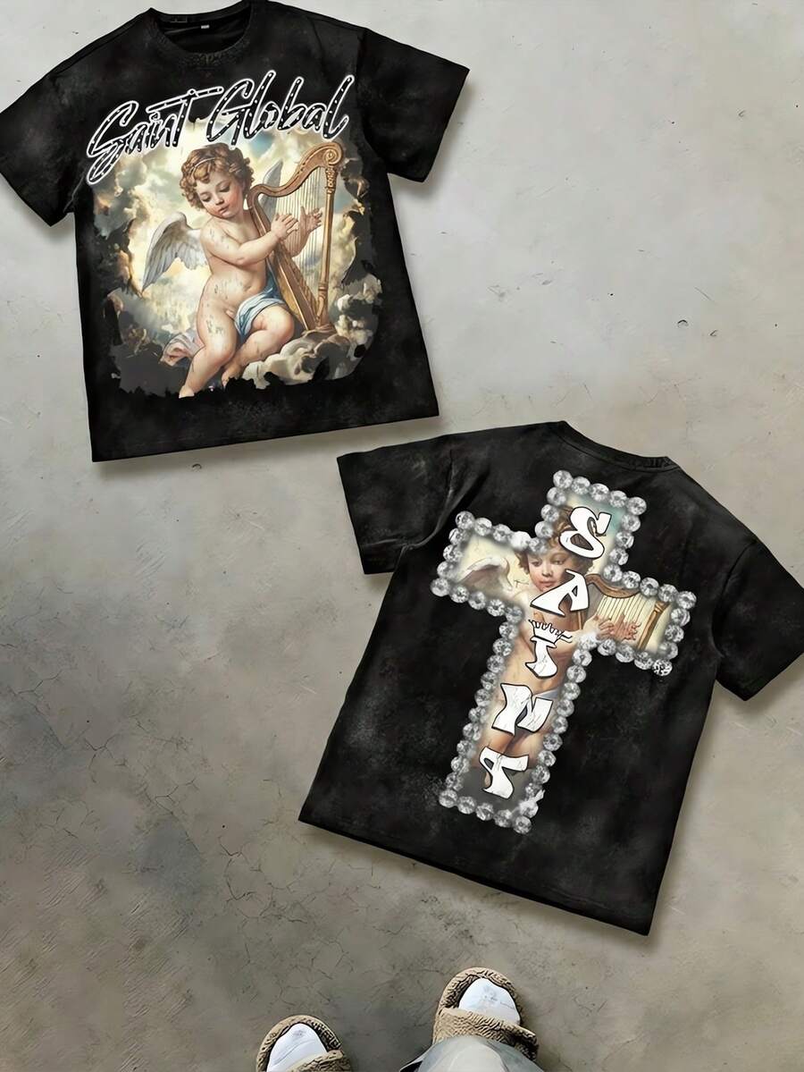 T - Shirt Combining Faith And Fashion: Cherub Print T - Shirt Printed T - Shirt, 230g Washed Care Label T - Shirt, Unisex Acid - Washed Cotton Printed T - Shirt, Vintage Washed T - Shirt, Crew - Neck T - Shirt, Machine - Washable, Casual Summer Outfit, Men's Loose - Fit T - Shirt - 水洗黑1 - 查看 1