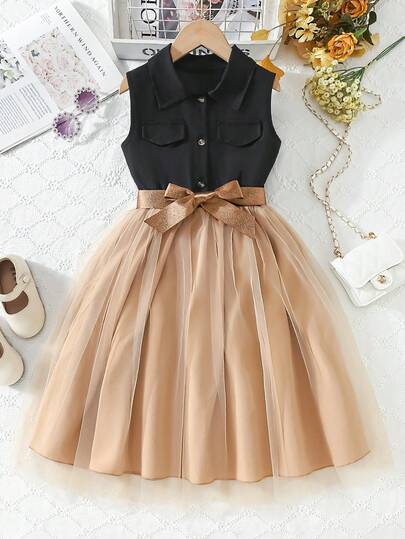 Vestido sin mangas elegante para niñas de 8 a 12 años, vestido de chaleco con cuello de camisa, vestido dulce y lindo con cinturón, adecuado para uso diario casual, fiesta de cumpleaños, regalo para niños, vestido casual de unicolor sin mangas de malla con cinturón tejido